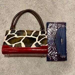 Miche interchangeable purse with extra shell. Giraffe print and purple print